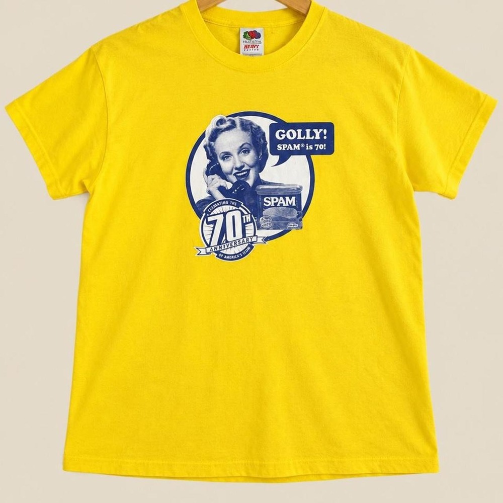 Fruit of the Loom SPAM 70th Anniversary Graphic T-Shirt Yellow Retro Y2K XL